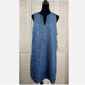 Given Kale Chambray Dress S Pineapple Print Sleeveless V‑Neck NWT Cotton Blend